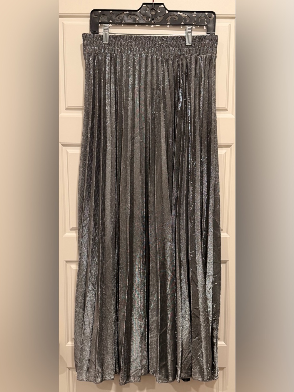 Pleated Metallic Charcoal Maxi Skirt
